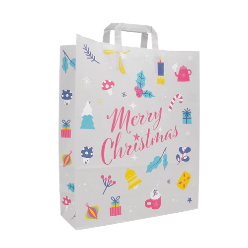 250 graue Weihnachtstaschen Merry Christmas mit Papierflachhenkeln im Format 32 12x40cm. Kostengünstig für Ihr Weihnachtsgeschäft.