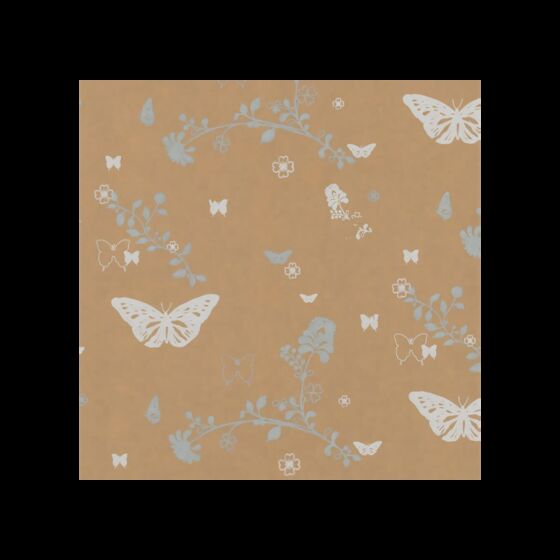 Braunes Geschenkpapier mit Schmetterlingen in verschiedenen Breiten und einer Rollenlänge von 200 Meter.