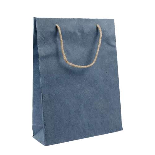 100 blaue Papiertragetaschen 26 10x35cm mit Baumwoll-Jeansresten zum Bedrucken