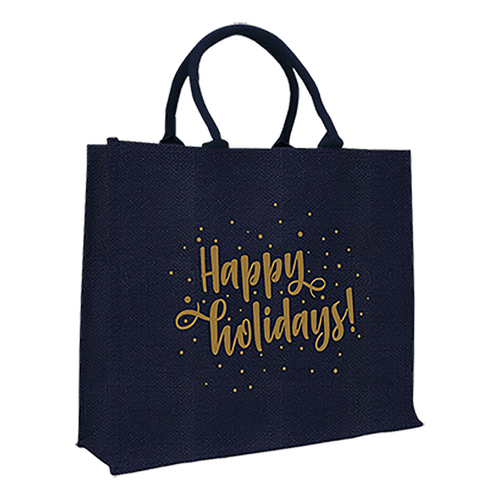 100 Weihnachts-Jutetaschen blau 45 17x40cm Glitzer mit Motiv Happy Holiday Jutebeutel bedrucken