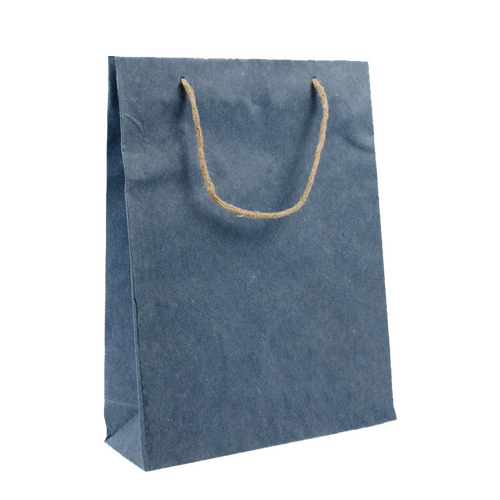 100 blaue Papiertragetaschen 30 10x40cm mit Baumwoll-Jeansresten zum Bedrucken
