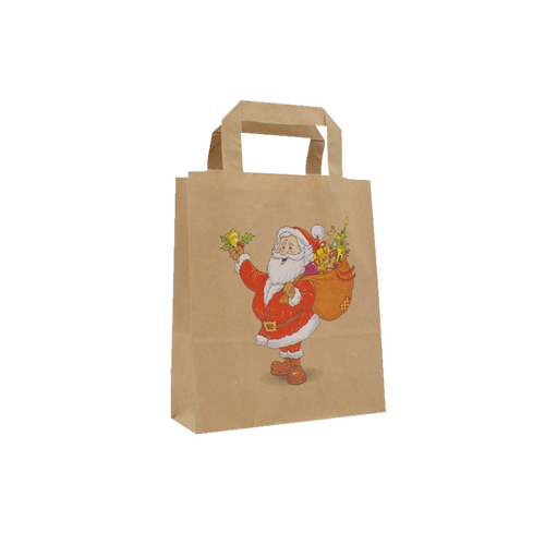 250 braune Weihnachtstaschen mit Santa-Motiv und Papierflachhenkeln im Format 18x08x22cm. Kostengünstig für Ihr Weihnachtsgeschäft.